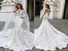 2020 Gorgeous Mermaid Lace Wedding Dresses With Cape Sheer Plunging Neck Bohemian Wedding Gown Appliqued Plus Size BA93133817537