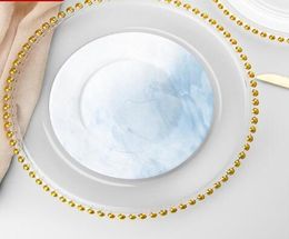 27cm Round Bead Dishes Glass Plate with Gold Silver Clear Beaded Rim Round Dinner Service Tray Wedding Table Decoration GGA32065446480