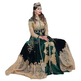 Kaftan Muslim Evening Green Dresses Moroccan A-Line Caftan Long Sleeve Appliques Beading Dubai Arabic Turkey Abaya Islamic Formal Ocn G GG