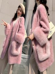 Winter Sheep Sheared Fur Coat Women Thick Warm Faux Fur Jacket Coat Womens Long Slim Sheep Sheared Parka Pink Coats5325699