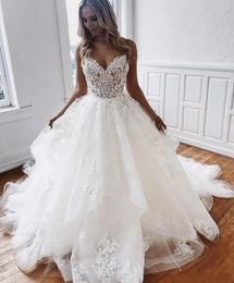 Vintage Women ALine Long Lace Wedding Dresses with Straps Tulle Custom Made Ivory Sweep Train VNeck Zipper Back Bridal Gowns9828781