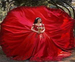 Latest Design Red African Ball Gown Quinceanera Dresses Off The Shoulder Neck Luxury Lace Appliqued pageant Gowns robe de mariage1649722