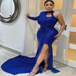 2024 Aso Ebi Royal Blue Mermaid Prom Dress High Split Sequined Evening Formal Party Second Reception 50th Birthday Engagement Gowns Dresses Robe De Soiree ZJ154