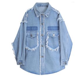 Women's Blouses SuperAen 2024 Vintage Loose Denim Shirt Jacket For Spring And Autumn Rough Edge Design Top