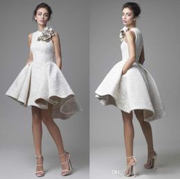 2019 High Low Wedding Dresses Krikor Jabotian Jewel Sleeveless Lace Wedding Dresses Short ALine Beach Bridal Gowns With Flower2024191