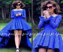 Royal Blue Lace Highlow Prom Dress High Quality Long Sleeves Long Back Short Front Formal Evening Dresses Maxi Gown Vestidos de F2803743