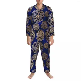 Men's Sleepwear Pyjamas Men Beautiful Mandala Leisure Nightwear Retro Blue Gold Bohemian 2 Pieces Casual Pyjama Sets Soft Oversized Home