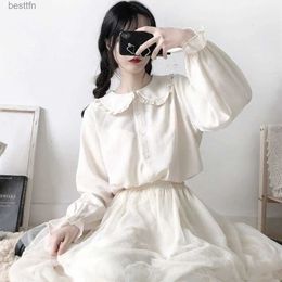 Women's T-Shirt Japanese Cute Harajuku White Shirt Ruffle Tops Blouse Long Sle Sweet Lolita Basic Button Up Shirts 100% Cotton 240311