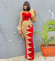 2022 African Red Sheath Evening Dresses Wear Long Sleeves Sheer Neck Gold Lace Appliques Plus Size Special Occasion Prom Party Gow1311562