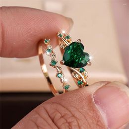 Wedding Rings Royal Blue Green Black Red Stone Heart Ring Sets For Women Rose Gold Color White Zircon Bridal Bands Mothers Day Jewelry