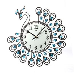 Home Decor Creative Gold Peacock Large Wall Clock Metal Living Room Wall Watch297A