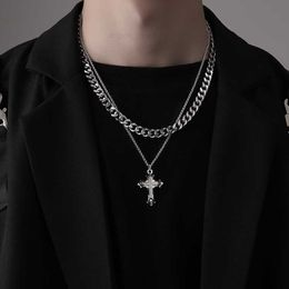 Cross necklace Double layer necklace for men Hip hop design collar chain Layered titanium steel sweater chain for men accessories