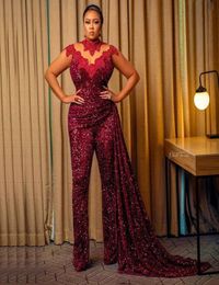 2021 Modest Sequin Jumpsuit Evening Dresses High Collar Sheer Long Sleeve Overskirt Red Carpet Celebrity Gowns7403797