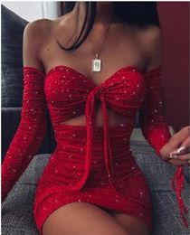 Sexy Womens SpringSummer Long Sleeved Bright Crystal Bra Lace Hollow Mini Dress Elegant Red Slim Fit Vestidos 3XL 240308