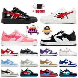 Women Mens BapeShoes Designer Casual Shoes Patent Leather Black White Grey Colour Camo Combo Pink Red Blue Platform Camouflage Trainers Flat Sneakers Big Size 36-47