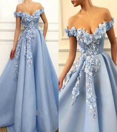 2020 Elegant Prom Dresses Lace 3D Floral Appliqued Pearls Evening Dress A Line Off The Shoulder Custom Made Special Occasion Gowns4321288