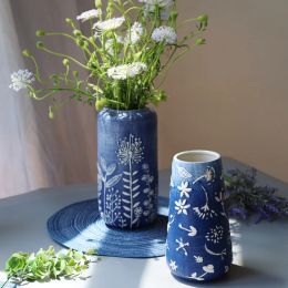 Vases Porcelain Vase Retro Ceramic Vase Blue Landscape Flower Arrangement Decoration Handpainted Embossed Vase Flower Ware