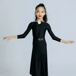 Stage Wear 2024 Ballroom Dance Performance Costumes For Girls Black Long Sleeved Tops Big Swing Skirt Suit Latin Modern DN17342