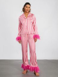 Women's Sleepwear Womens Satin Pajama Set Long Sleeve Lapel Neck Striped Tops Elastic Waist Patchwork Feather Pants Outfit S-XL