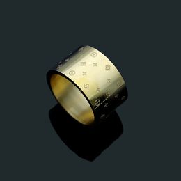 Wide Face Printed Flower Ring Gold Plated Love Ring Luxury Brand Stainless Steel Couple Rings Size 6,7,8,9