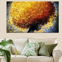 Paintings Black African Woman Abstract Canvas Posters And Prints Golden Wild-Curl Up On The Wall Art Pictures272G