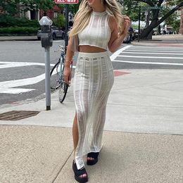 Work Dresses Women Sleeveless Cropped Vest Sexy 2 Piece Set Knitted Hollow Out Tank Tops Side Slit Midi Skirts Bodycon Club Streetwear