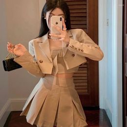 Work Dresses Khaki Back Hollow Design Short Coat Tube Top High Waist Pleated Skirt Three-piece Suit Female Spring And Summer Jk College