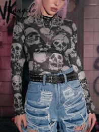 Women's T Shirts Yangelo Mall Gothic Skull Print T-shirt Female Y2K See Through Punk Crop Tops E-girls Grunge Street Clothes