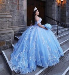 Stunning Bahama Blue Quinceanera Sweet 16 Dresses Sequins Lace Applique Strapless Laceup Remove Short Sleeve Prom Ball Gowns Grad2038627
