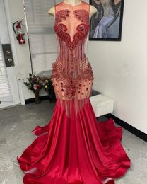 Luxury Diamond Prom Dresses Black Girls 2024 Crystal Tassel Robe De Soiree Sheer Neck Evening Dress Mermaid Party Gowns