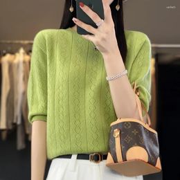 Women's T Shirts Spring And Autumn Sweater Cashmere Knitted Pure Merino Wool Solid Colour O-neck Short Sleeve T-shirt.