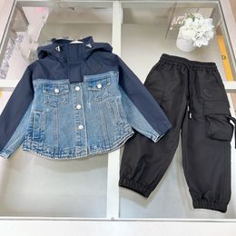 Fashion children denim clothing sets boys triangle hooded cowboy jacket outwear kids black cargo pants 2024 spring children designer outfits S1179