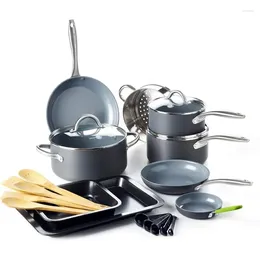 Cookware Sets Lima Hard Anodized Healthy Ceramic Nonstick 18 Piece Bakeware Pots And Pans Set PFAS-Free Oven Safe Gray