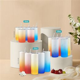 25oz Sublimation tumbler Glass Can Gradient Colour Creative Sequins shape Bottle with Lid and Straw Summer straight Drinkware Juice271n