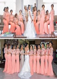 Nigerian African Plus Size Bridesmaid Dresses Coral Half Long Sleeves Top Lace Sweep Train Maid Of Honour Evening Occasion Gowns Ch7685709
