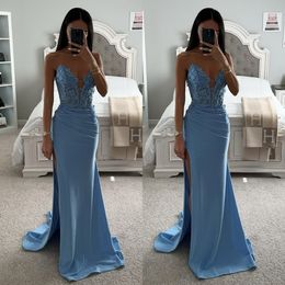 Blue mermaid prom dress lace top sweetheart formal evening dresses elegant pleats party gowns for special occasions split robe de soiree