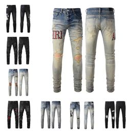 Designer-Herrenjeans, lila Jeans, Herren-Stern-Stickerei, gespleißte Hose, elastische Slim-Fit-Hose