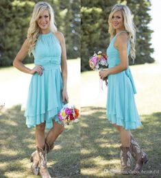 New Modest Short Bridesmaid Dresses Light Sky Blue Halter Neck Knee Length Ruffle Chiffon Plus Size Country Wedding Party Dresses2864815