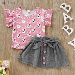 Clothing Sets Clothing Sets Children Set Baby Ruffle Short Sleeve Cotton T-Shirt Print Bowknot Skirt 12M-4Y Kid Outfits Soft Comfortable Suit ldd240311