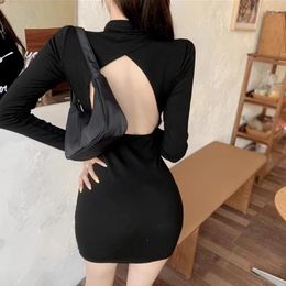 Casual Dresses Women's Slim Dress Spring Half High Collar Hollow Out Backless Long Sleeves Bodycon Woman Clothes Tops 2024