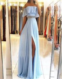 light sky blue Gorgeous Aline strapless Formal Dress gowns beading belt Women Long Prom Dresses side slit chiffon 2019 floor leng7928277