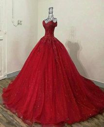 sparkly Red 3d Lace Appliqued Quinceanera Dresses off the shoulder Sweet 16 Ball Gowns Tulle Prom Dress Quinceanera Gowns lace up 1051635