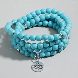 Strand OAIITE 8mm Natural Blue Turquoise Lotus Pendant Wrap Bracelet 108 Beads Mala Women's Yoga Prayer Jewellery Necklace