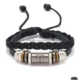 Charm Bracelets Handmade Black Rope Leather Braided Beaded For Women Men Lover Adjustable 12 Constellations Jewelry Drop Delivery Dh0Gt