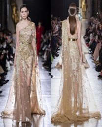 Elie Saab 2019 Evening Dresses Gold Appliques One Shoulder Long Sleeve Backless Prom Gowns Formal Special Occasion Dress Abendklei3106949