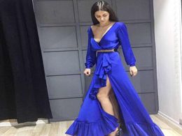 2019 A Line Prom Dresses V Neck Long Sleeve Beach robe marriage Front Side High Split Formal Evening Dress Casual Skirts6985951