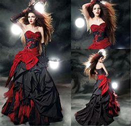 Black And Red Gothic 2024 Wedding Dresses Modest Sweetheart Ruffles Satin Lace-Up Back Corset Top Ball Gown Bridal Dresses