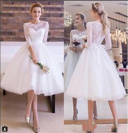 Beach Lace GownTulle Shorts Wedding Dress 34 Long Sleeves Beach bridal gowns 2022 Elegant White Vintage Dresses7458562