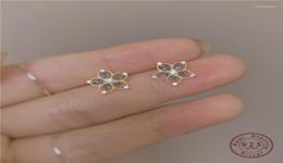 Stud Earrings 925 Sterling Silver Japanese Hollow Crystal Flower Plating 14k Gold Women Fashion Small Fresh Banquet Jewelry2046743