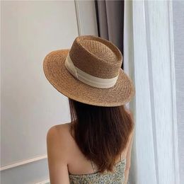 Handwoven straw hat ladies summer sunshade beach British vintage flat top panama sun hats for women raffia MAXSITI U 240309